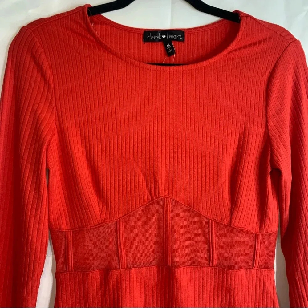 NWoT Derek Heart Red Ribbed Mesh Long Sleeve Bodycon Dress, size M - Picture 5 of 8